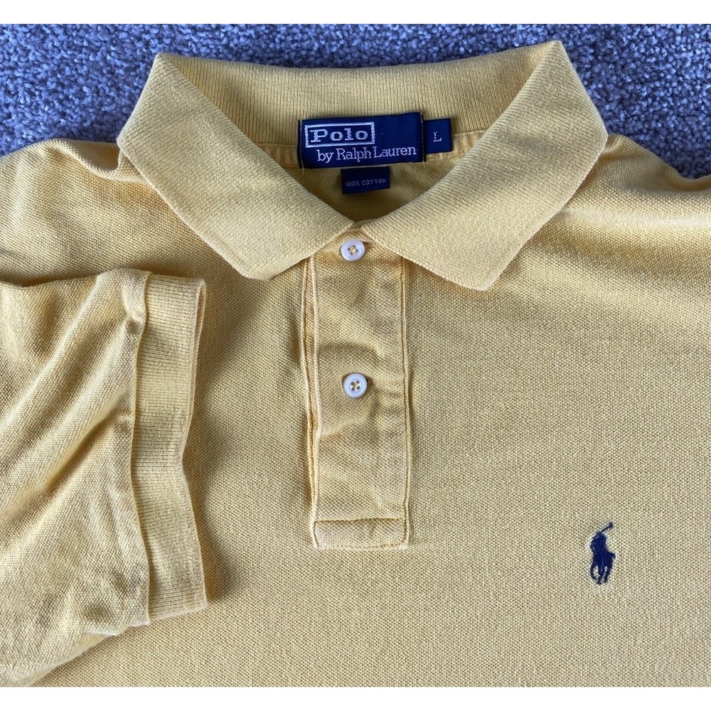 Polo Ralph Lauren Solid Yellow Polo Shirt Soft Cotton Mens L Blue Pony Preppy
